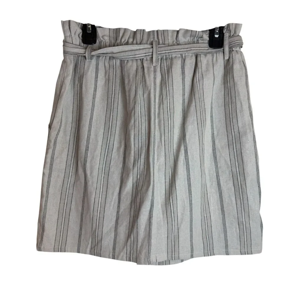 Daytrip Mini Skirt Cream Stripe Linen Blend Button Front Tie Waist Pockets Sz M